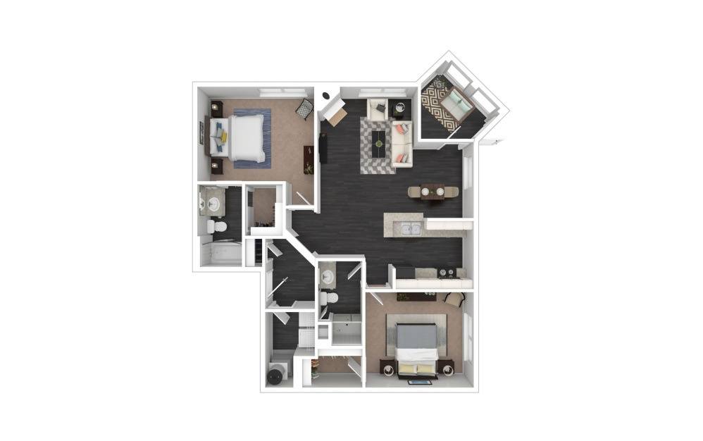 Abbington - 2 bedroom floorplan layout with 2 bathrooms and 1024 square feet