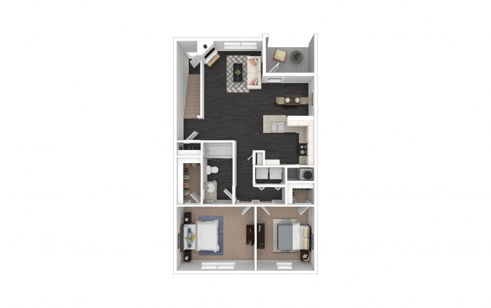 Wellington UP - 2 bedroom floorplan layout with 1 bath and 908 square feet.